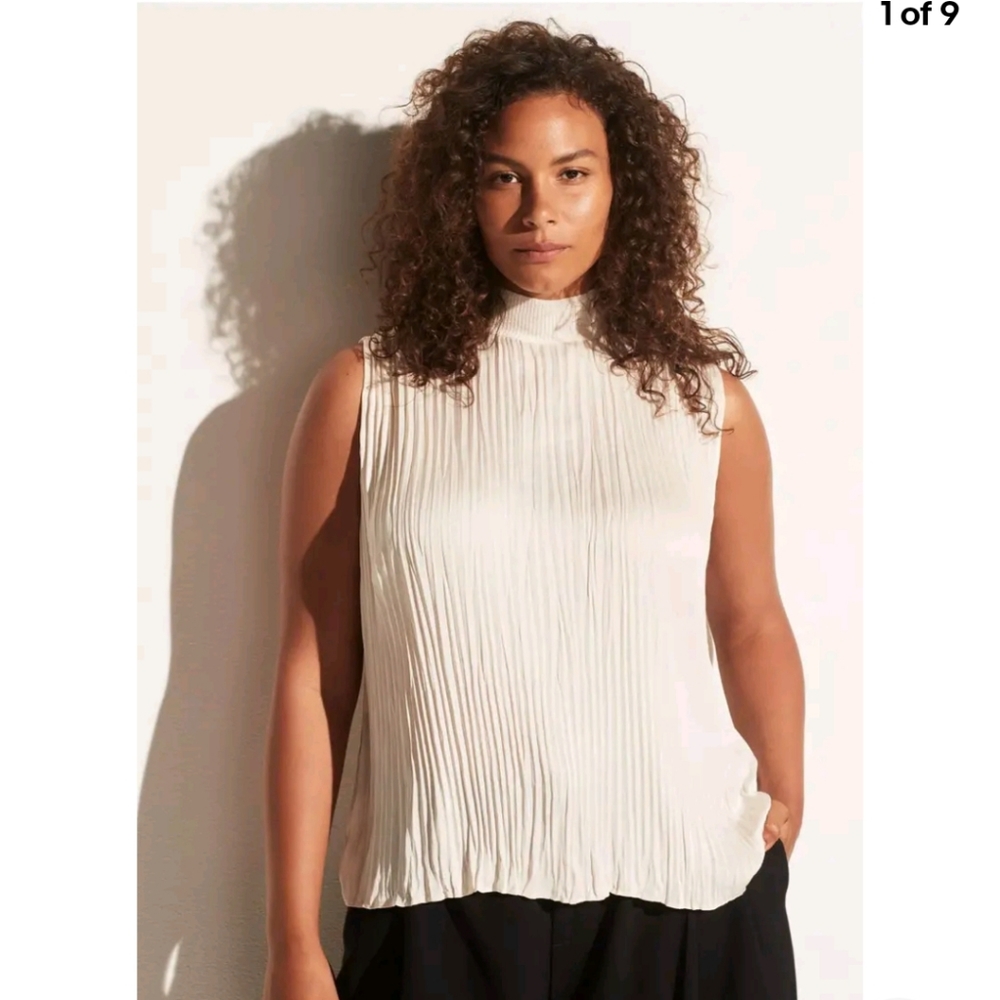 Vince Cream Sleeveless Pleated Mock Neck Blouse